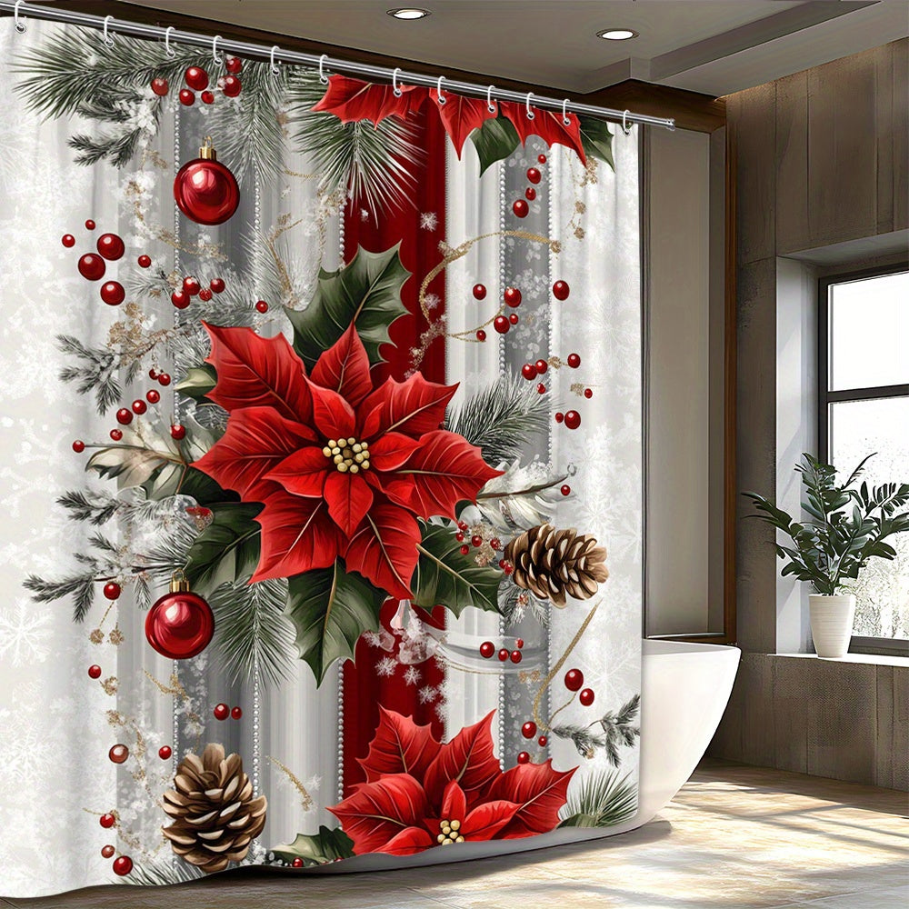 TEMU Red Poinsettia Curtain Vibrant Flowers With Holly Leaves Red Berries Pine Branches Golden Pinecones Red Ornaments Vertical Red White Silvery