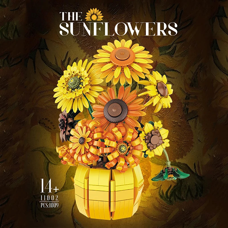 1009PCS Sunflower Building Blocks Preserved Flower Bouquet With Vase Model Bricks Home Decoration Kids Educational Toys Adult Holiday Gift