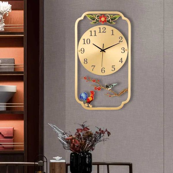New Chinese style copper large wall clock enamel home luxury living room decoration clock wall hanging metal wall art interior W250107