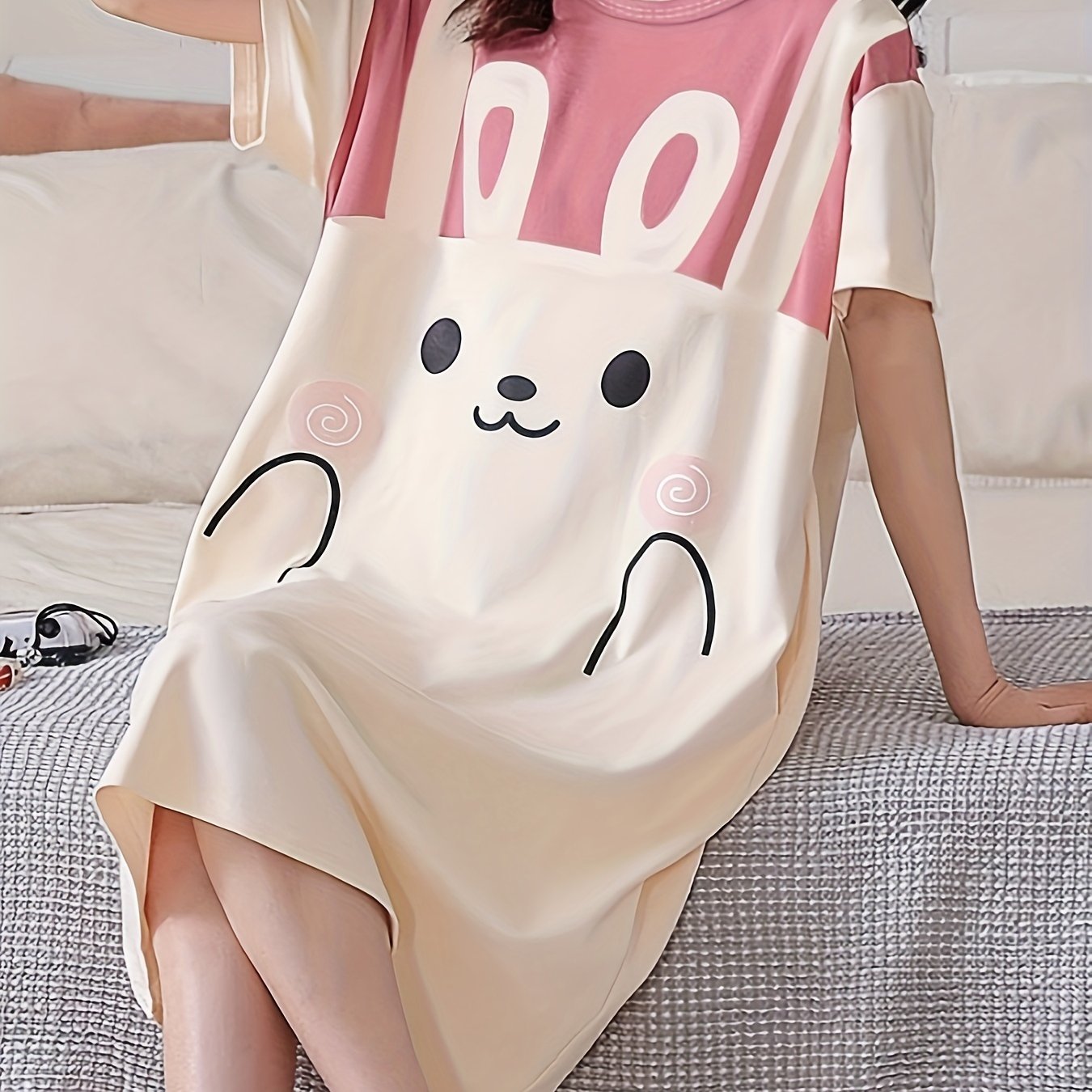 TEMU Cute Rabbit Print Nightdress, Short Sleeve Round Neck Loose Fit Tee Dress, Women's Sleepwear & Dresses