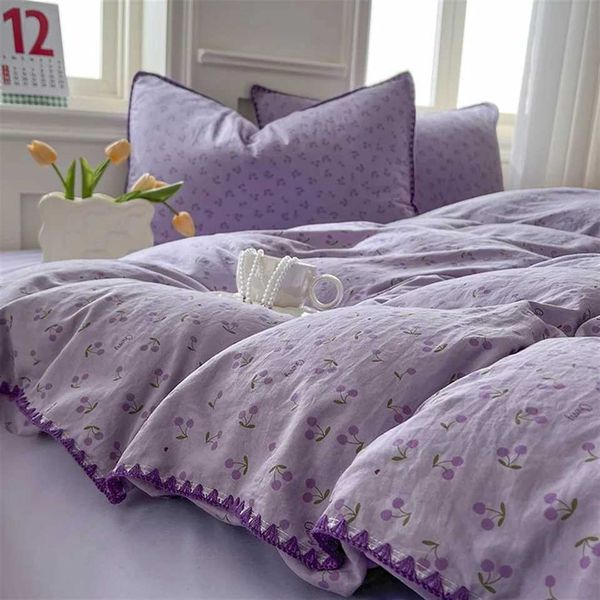 Purple Ins Cherry Double-layer Shell Washed Bed Sheet Girl Four-piece Set High-looking Quilt Cover Bedding Set Three-piece SetXJ241015