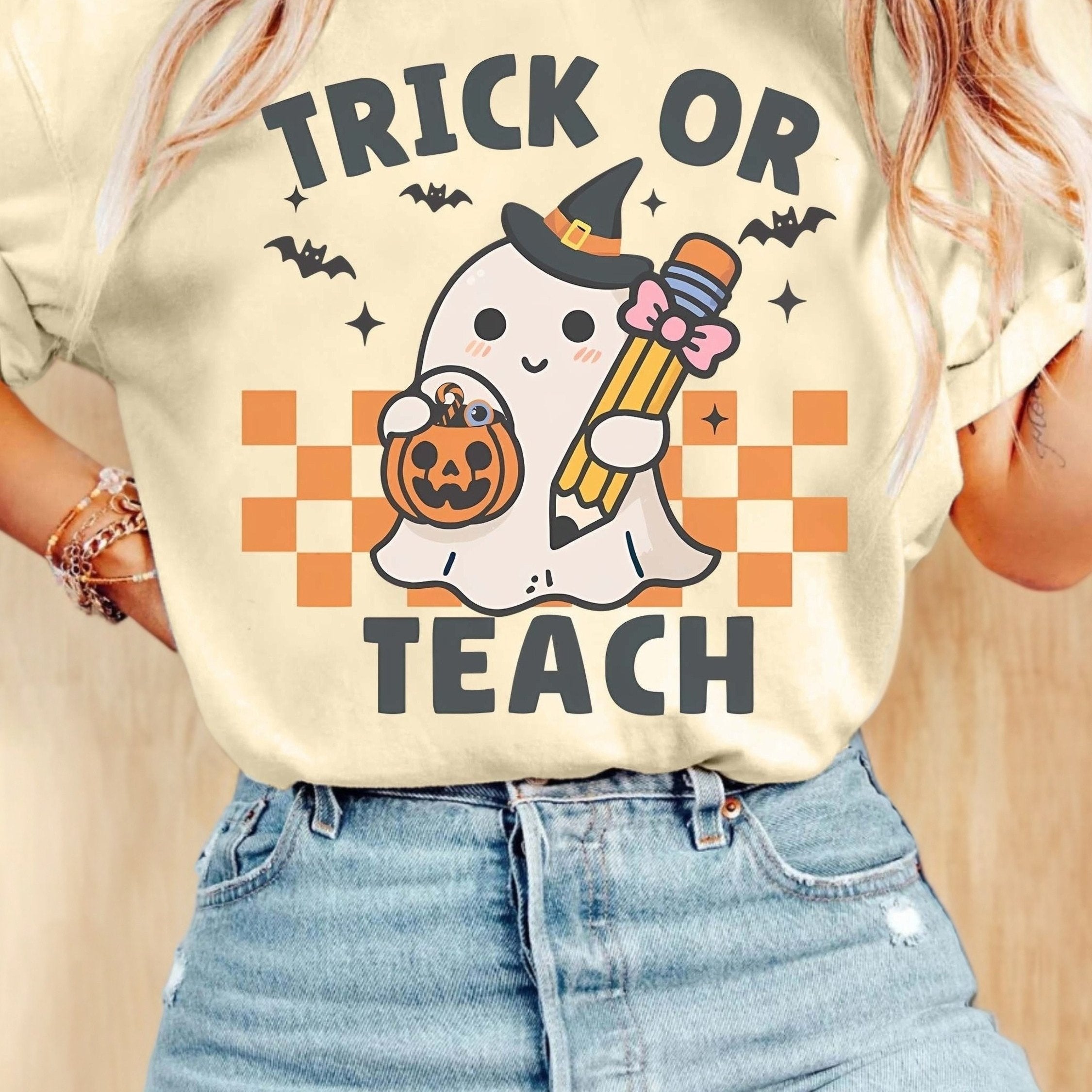 TEMU Women's Halloween T-shirt - "trick Or Treat" Teacher Costume Tee With Cute Hat & Pumpkin Graphic, 95% Polyester 5% Spandex Stretchy Fabric,