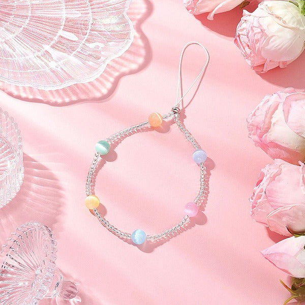 Chaînes de dragonne pour téléphone en perles rondes en sélénite naturelle teinte et graines de verre