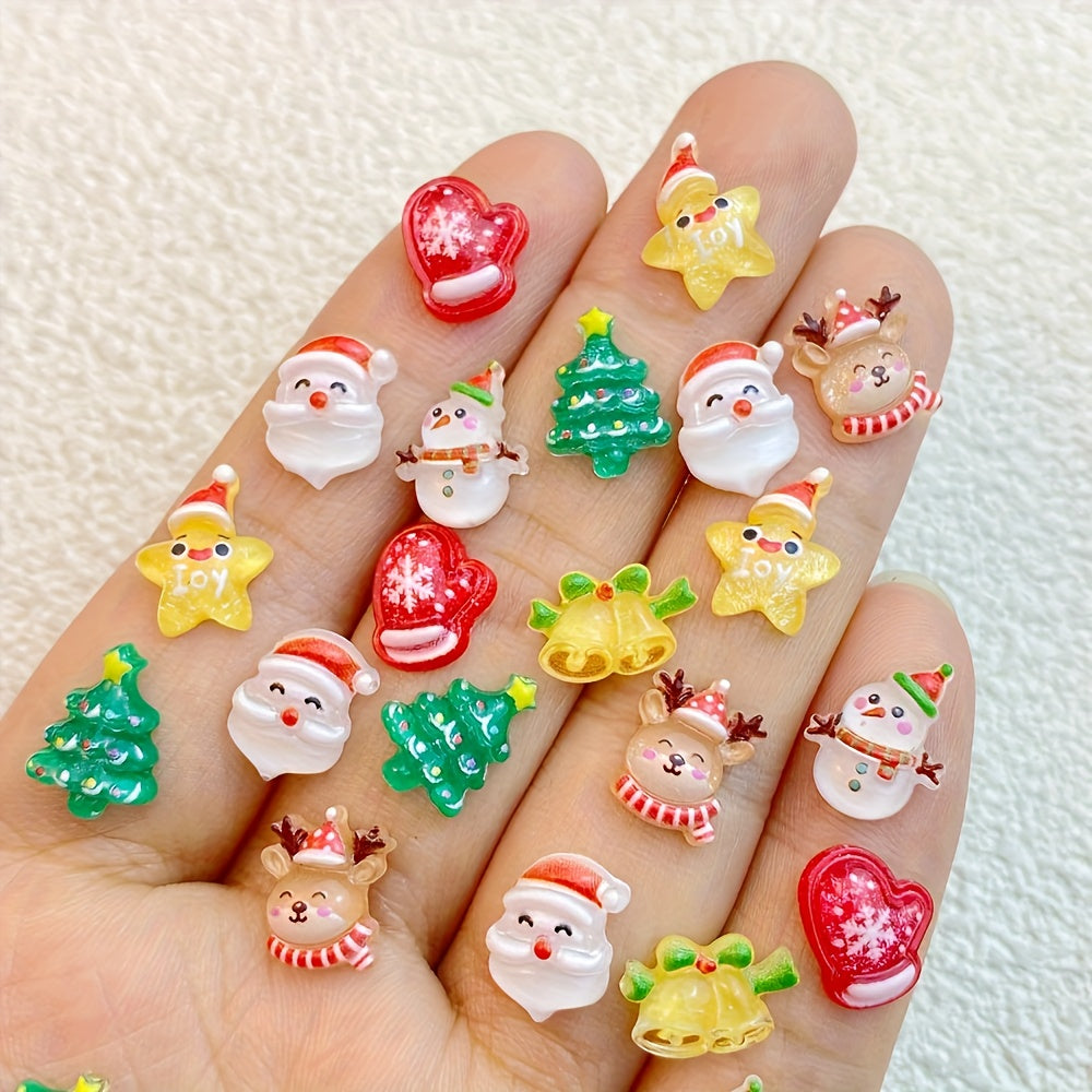 TEMU 50pcs Cute Resin Mini Winter Characters - Smiling , Deer, Bells, Stars & Christmas Trees With Eyes & | Glossy Spherical Diy Craft Ornaments For