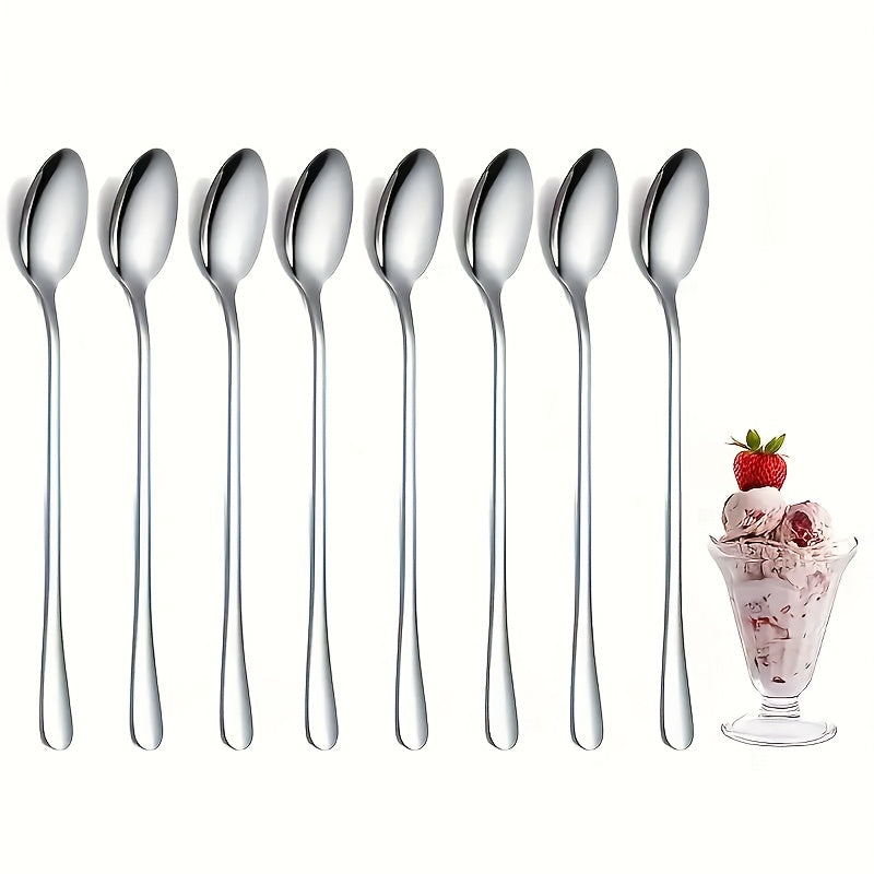 TEMU 8 Stainless Steel Long-handled Iced Tea Spoons, Coffee Spoons, Ice Cream Stirring Spoons, Dishwasher-safe Kitchen Utensils For Dessert, Family