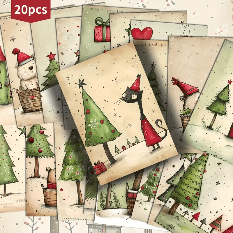 TEMU 20pcs Vintage Christmas Greeting Cards - 4x6 Inch Retro Paper With Illustrations, Festive For Scrapbooking, Crafts, And Collectible Decor,