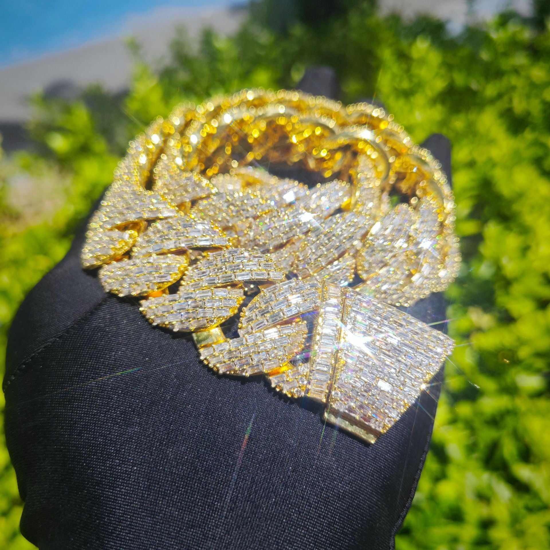 24mm Hip Hop Bubble Cuban Link Chain Necklace Bracelet 5A T Zircon Gold Plated