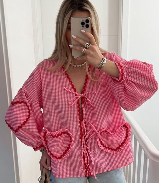 STYLISH LADY Heart Plaid Printed Shirts 2024 Summer Women Lantern Sleeve V Neck Lace Up Contrast Color Casual Loose Club Party Street Blouse