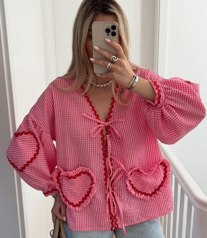 STYLISH LADY Heart Plaid Printed Shirts 2024 Summer Women Lantern Sleeve V Neck Lace Up Contrast Color Casual Loose Club Party Street Blouses Tops