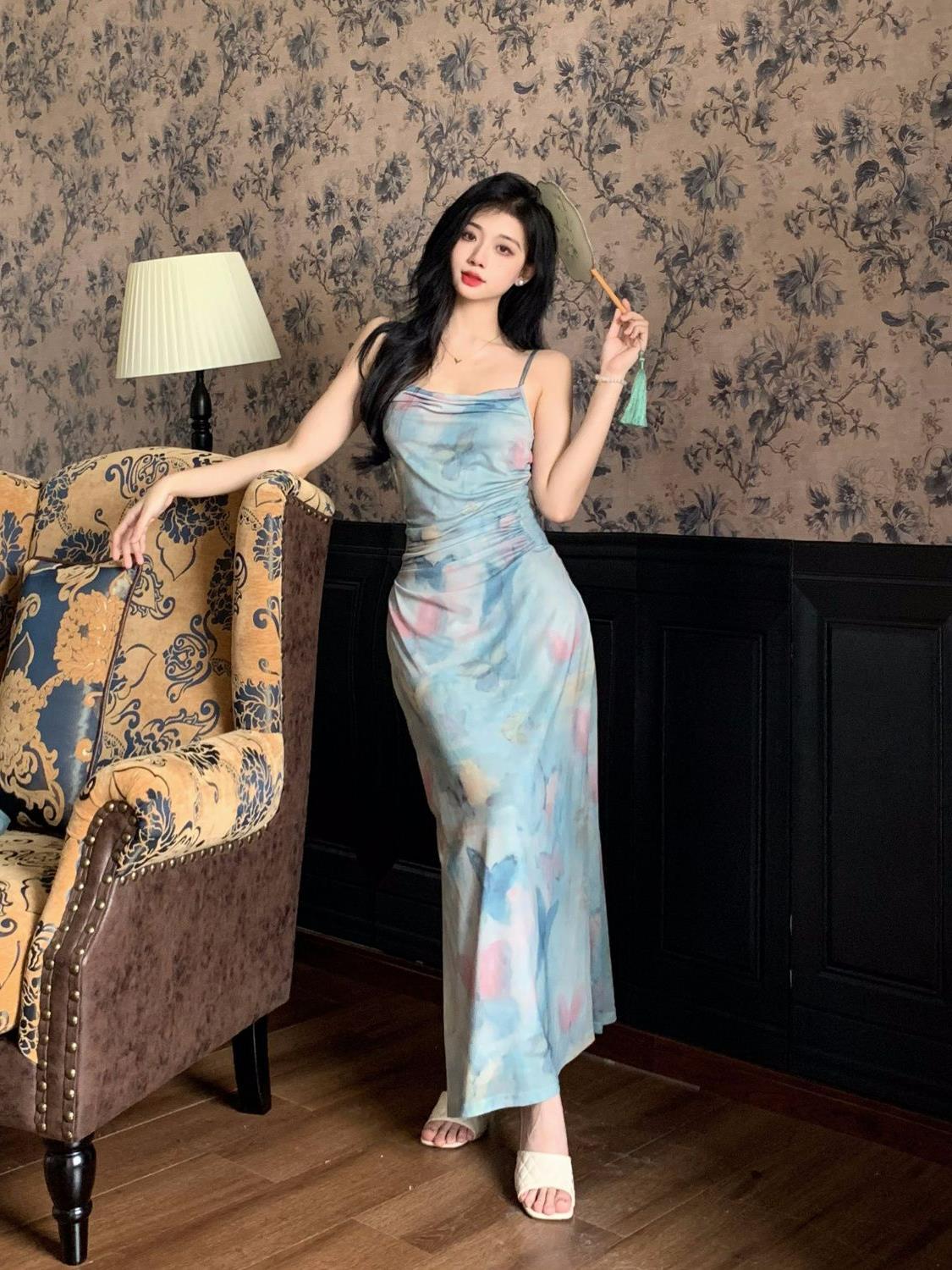 201 suspenders seaside holiday style large size slim waist dress new butterfly mesh Chinese aesthetic retro