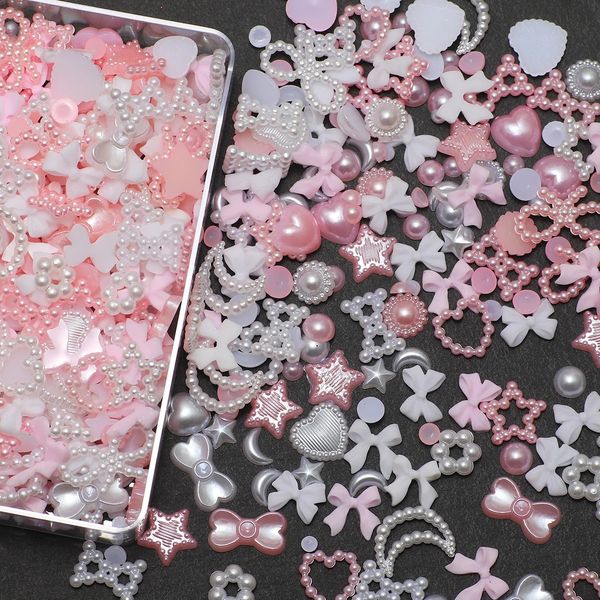 1 Box Nail accessories 3d Nail Charm Resin Love Bow Pentagram Nail Accessories Mixed Pink White resin Hollow Pearl for manicure 240729