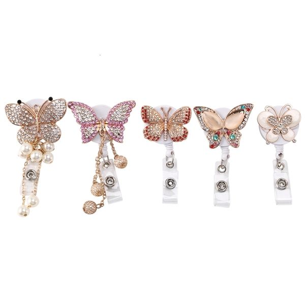 Clamp 5Pcs Retractable Badge Holder Reel Butterfly Handmade Bling ID Holders With Clip For Volunteer Nurses 221130