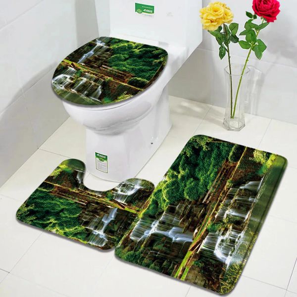 Park Waterfall Landscape Bath Mats Sets Forest Green Plants Lake Nature Scenery Bathroom Decor Door Rugs Non-slip Toilet Lid Mat