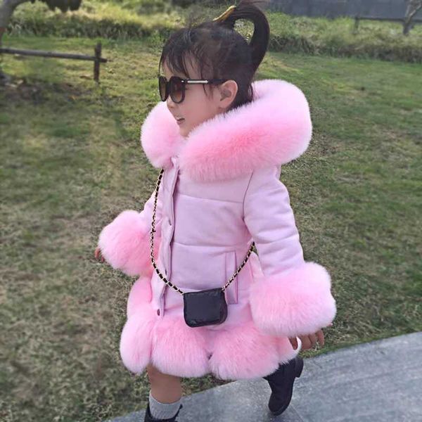 Tench coats 2024 Winter Kids Girls PU Leather Patchwork Faux Fox Fur Collar Down Jacket Coat Children Thick Warm Hooded Parkas Outerwear W31