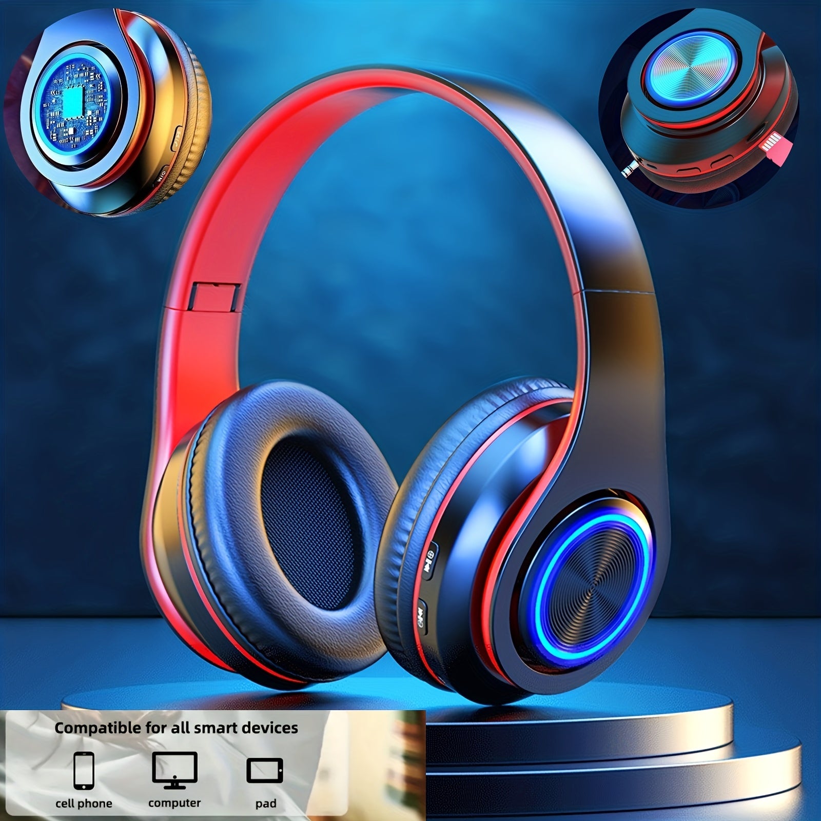 TEMU Wireless Headphones, 2025 New Headset Subwoofer 5. Computer Game Music Sports Over Ear Earphones, Headphones Wtih Led Light, Portable Folding
