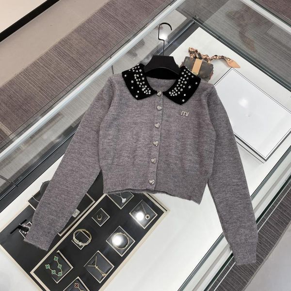Miuu Luxury Turndown Collar Pullover Sweater Women Miuu Miuu Winter Fashion Trend Letter Short Hoodie Sparkling Diamond Elegant Sweater Knit