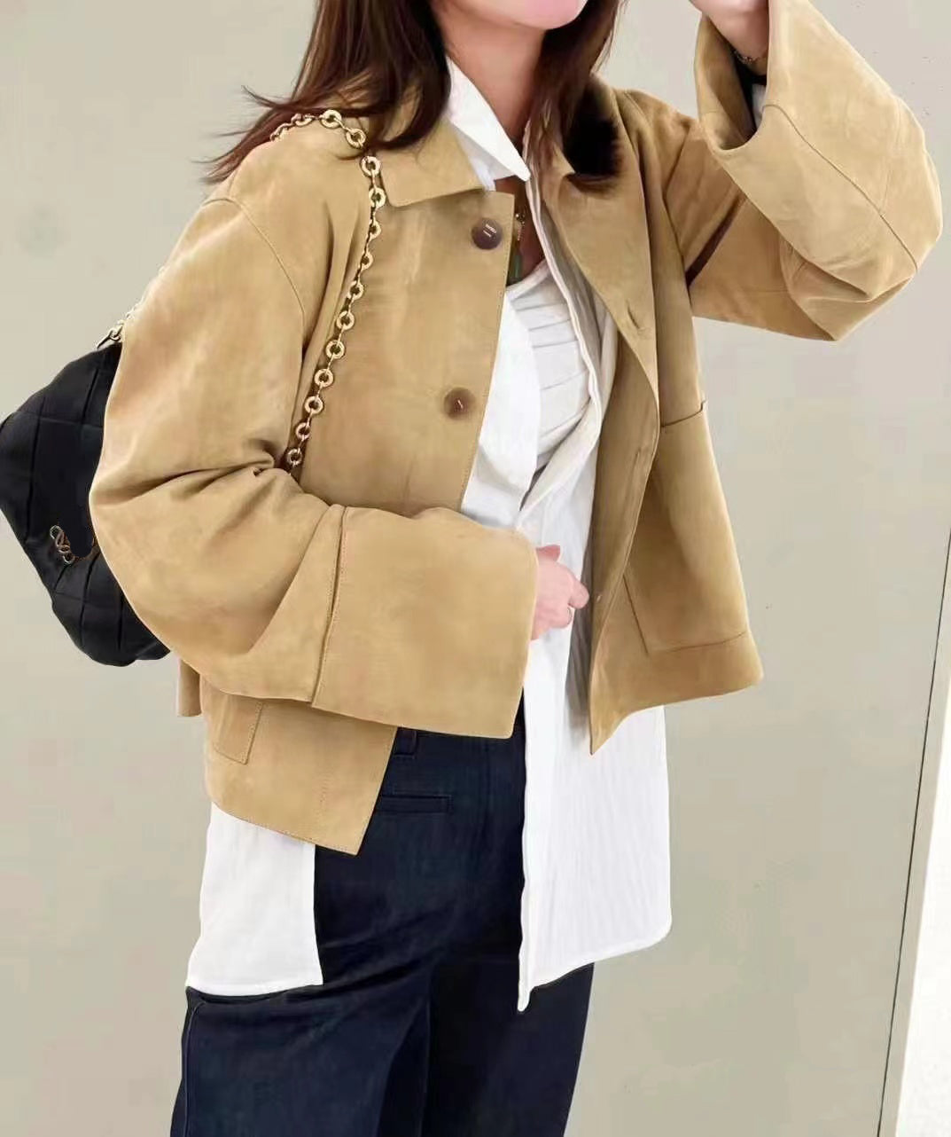 Womens Outerwear short coat Khaki motorcycle leather jacket Fashion brand top womens classic big pockets suede star coat loose casual biker jackets