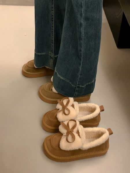 Low Heels Shoes Woman Flats Clogs Platform Round Toe Loafers Fur Bow-Knot Dress Creepers Winter Butterfly Snow Boots Solid L 241127