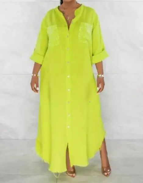 Womens Dress Autumn Fashion Loose Solid Long Sleeve Single Chest Half Open Collar Tassel Long Dress 240924