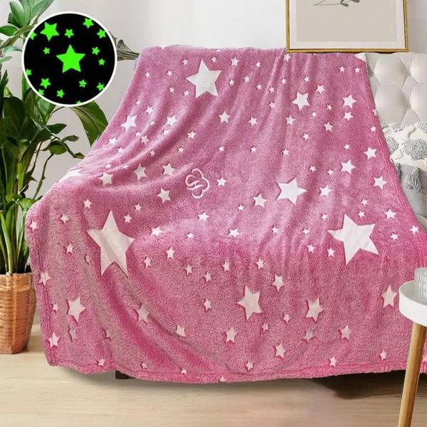 Luminous In The Dark Soft Star Pattern Pink Fleece Sunlight Activated Glow Plush Throw Blanket 240827