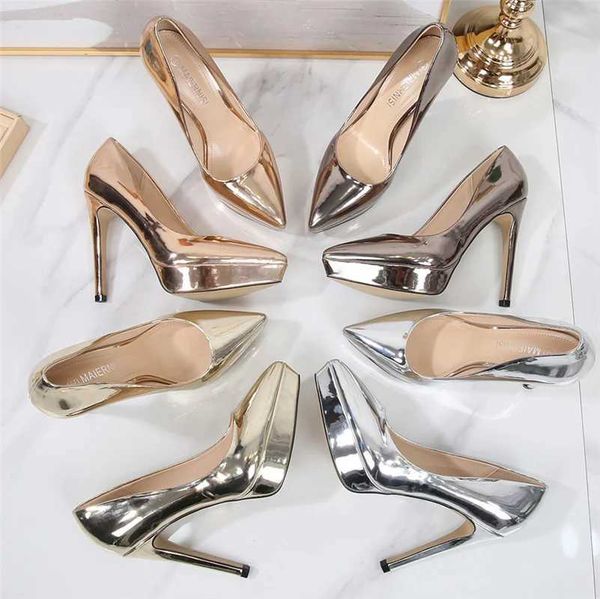 Sandals Womens 12cm high heels 2.5cm platform fetish gold pump womens wedding bride plus size shiny high heels nightclub silver party shoes
