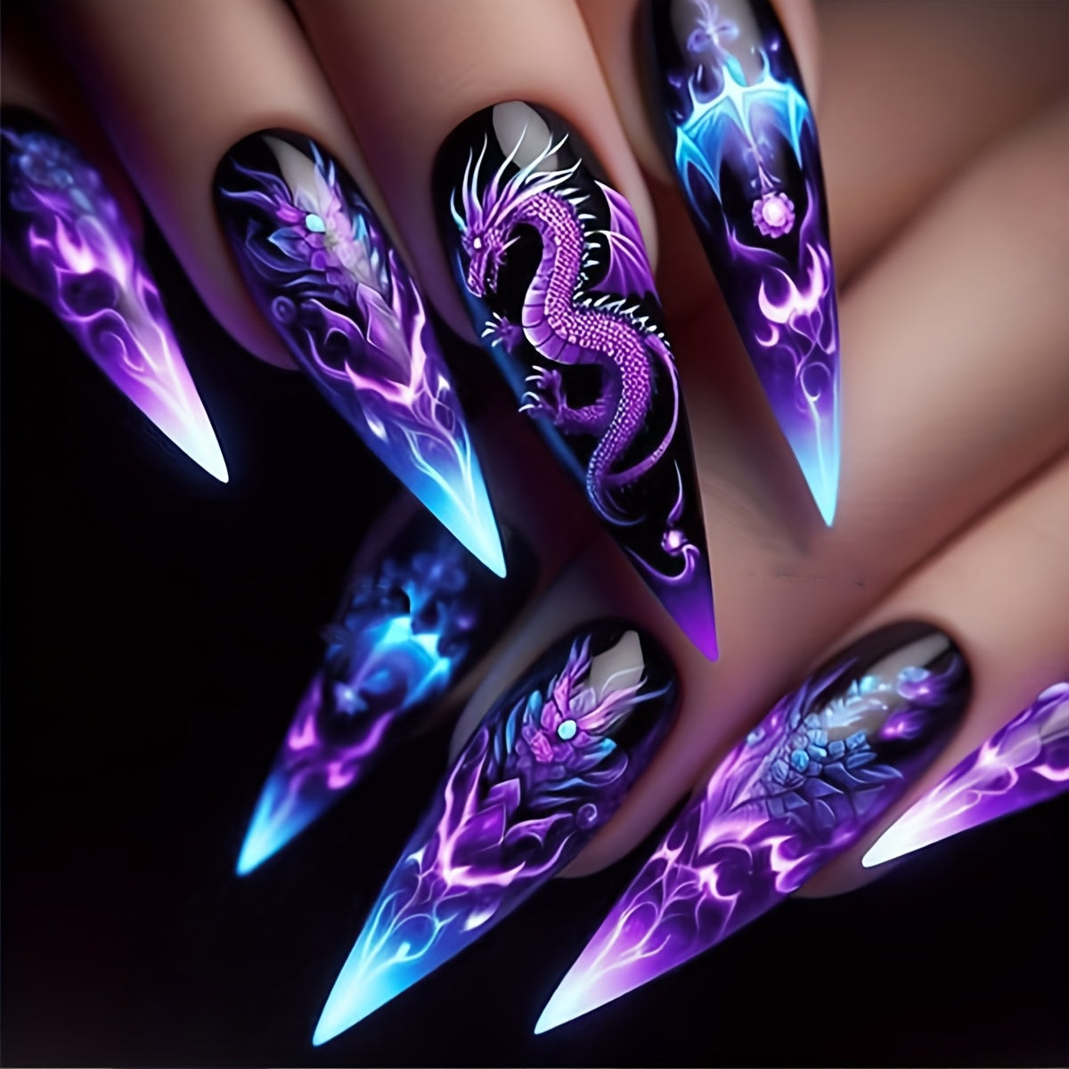 TEMU 72pcs Long Stiletto Press-on Nails - Vibrant Purple Design With Blue Accents, Detachable & Reusable, Glossy Finish For , Nail Art