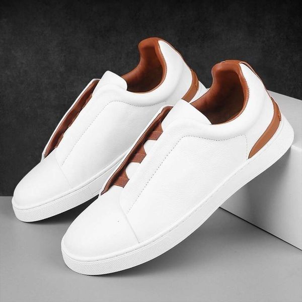 Zegnas high-end mens shoes leather casual board shoes low top small white shoes elastic straps one foot lazy shoes