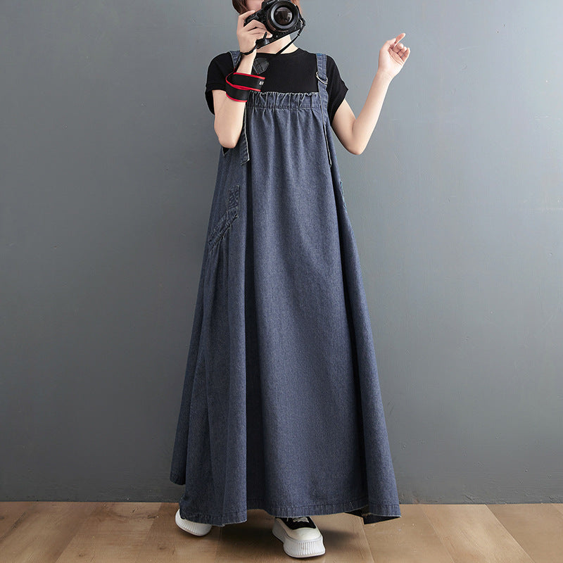Plus size women&#039;s spring and summer mid-length suspender skirt women&#039;s loose slim denim suspender skirt swing dress