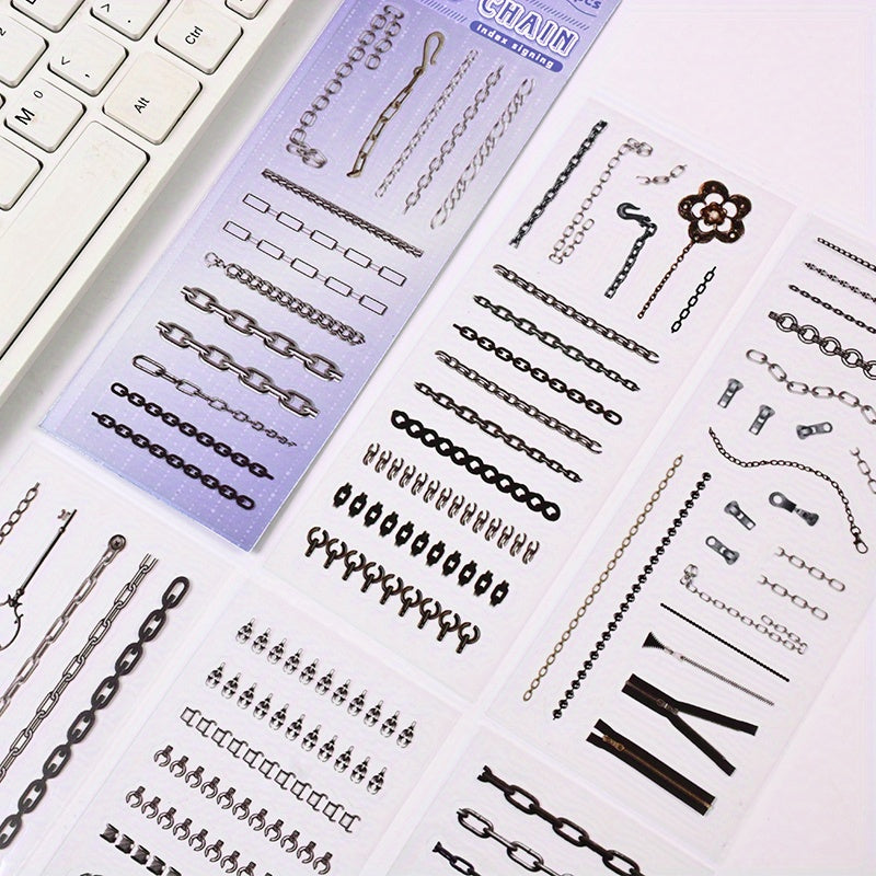 TEMU 6-pack Black & White Irregular Chain & Link Stickers - Geometric Metallic Pet Plastic Self-adhesive Glossy For Scrapbooking, Journals, Diy