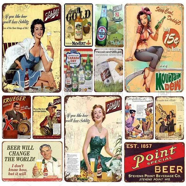 Liquor Beer Plaque-Pin Up Girl Vintage Metal Tin Sign Shabby Chic Wall Art Decor Bar Pub Market Home Decor Metal Iron PosterB240713