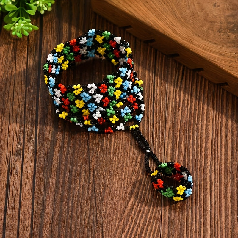 TEMU Bohemian Beaded Hollow Floral Link Bracelet For Women - Handmade Glass Bead Bracelet With Colorful Floral Patterns, For Casual Attire & Parties,