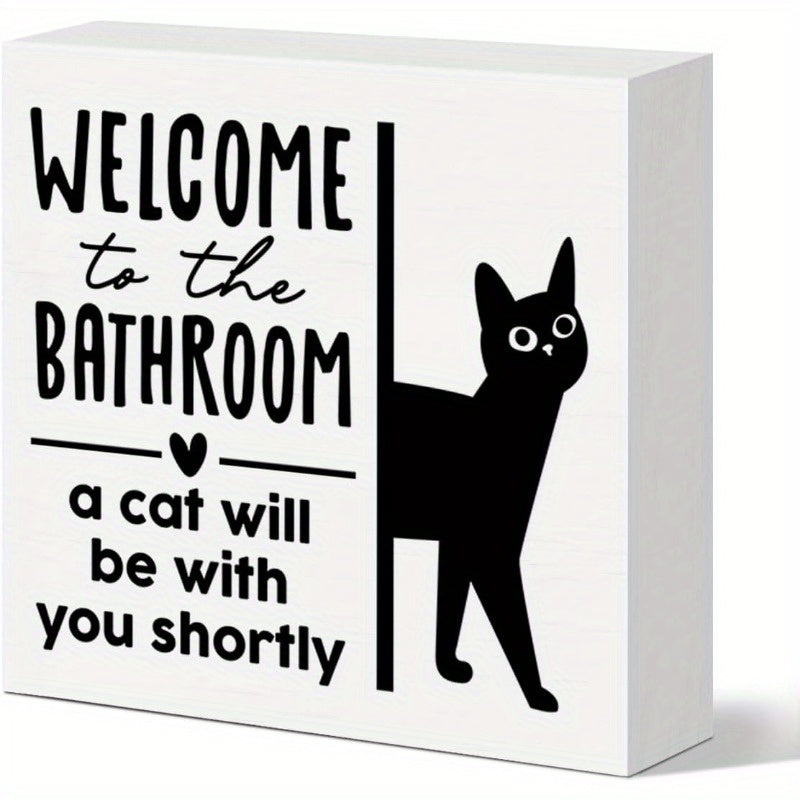 TEMU 2d Flat, 2d Flat Funny Bathroom Decor Welcome To The Bathroom Wooden Black Cat Sign For Home Toilet Restroom Shelf Tabletop Desk Cat Lover Mom