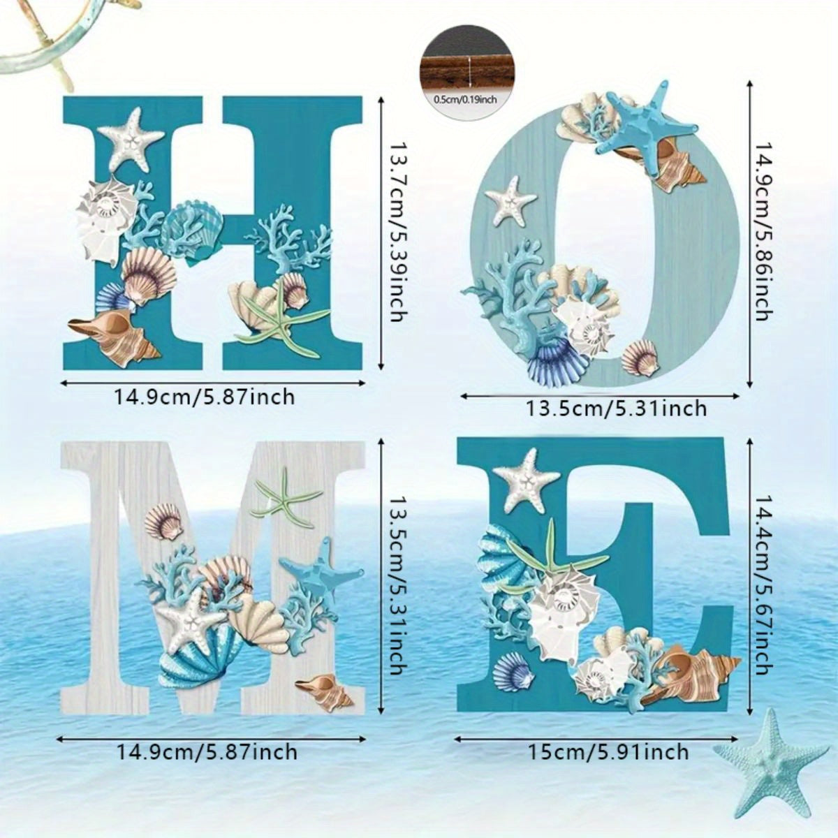 TEMU Home Letter Wooden Pendant, Shell, Conch, Starfish, Coral Pattern, Interior Wall Decoration, , Suitable For Living Room, Bedroom, And Study