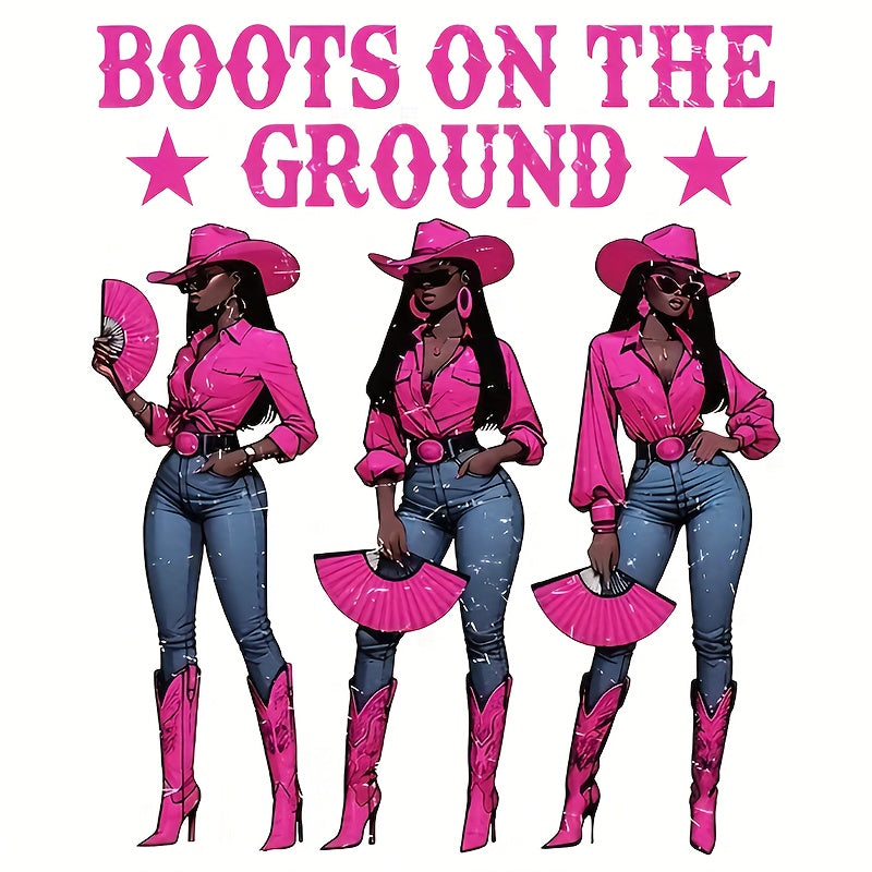 TEMU Vintage "boots On " Cowgirl Graphic Iron-on Heat Transfer Sticker - Pink Cowboy Hat & Boots Design, Diy For T-shirts, Sweatshirts, Pillowcases,