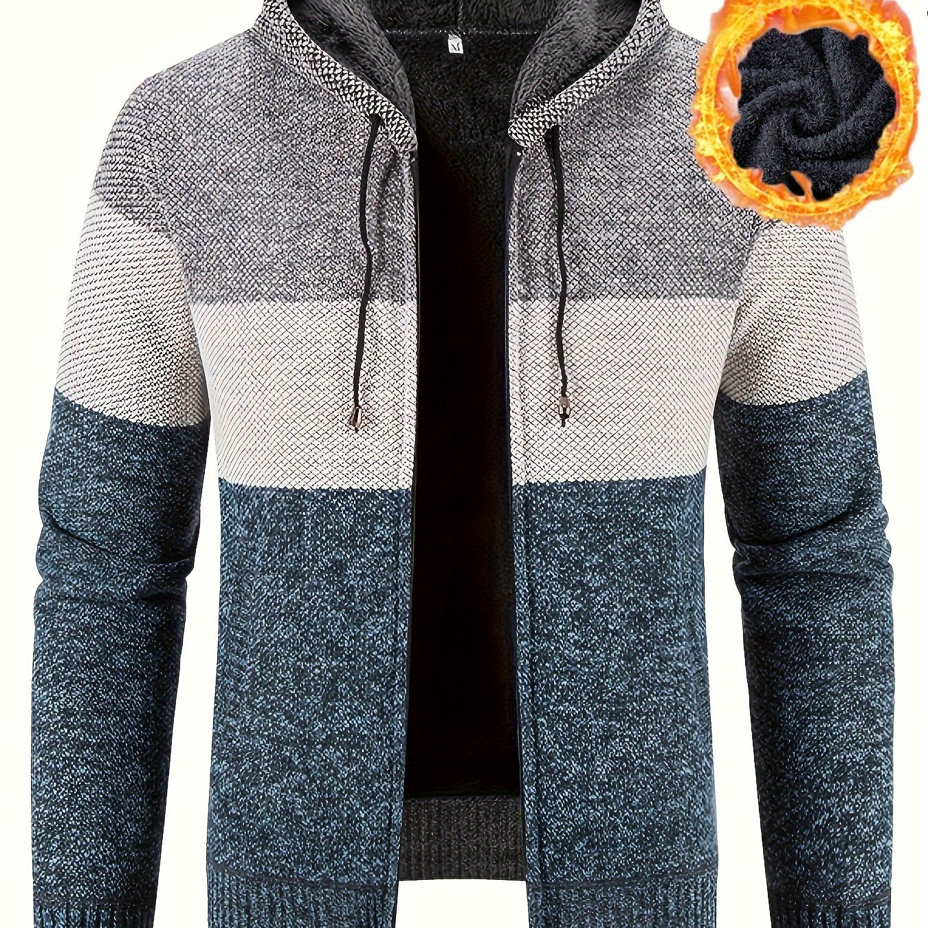 TEMU Warm Zip Up Hooded Fleece Jacket Sweater, Men's Casual Slightly Stretch Color Block Cardigan For Fall Winter