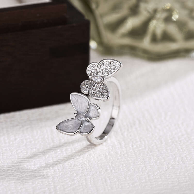 DHCollections Stylish Open Adjustable Ring Double Butterfly Inlaid With Mother Of Pearl And Rhinestones Elegant Womens Jewellery