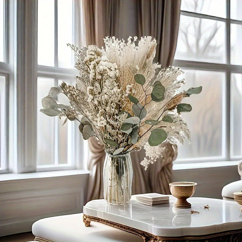 TEMU 45pcs Bohemian Style Artificial Floral Bundle - Neutral Tone Eucalyptus & In Glass Vase, Perfect For Weddings, Home Decor, 's Day, Valentine's