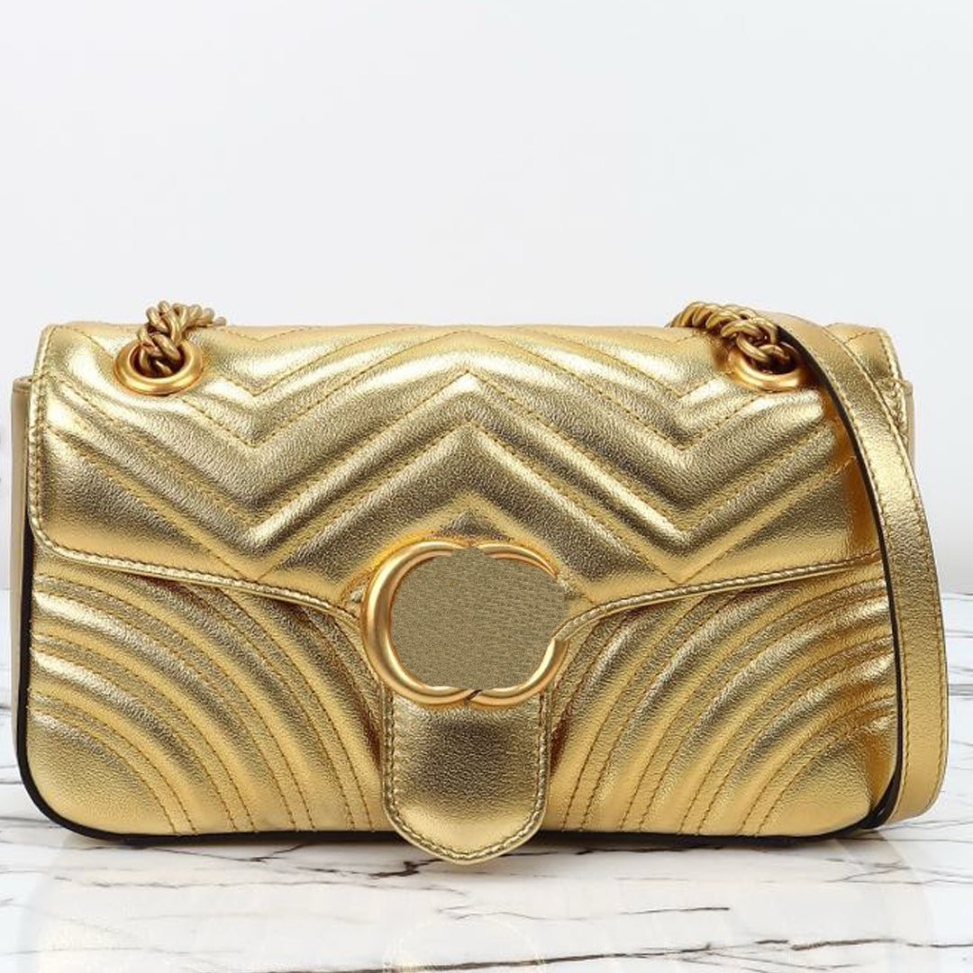 Ladies Handbag Mirror Leather Luminous Crystal Signature Handbag Metal Silver Leather Bag Sliding Chain Belt Designer Bag with Spring Lid Flip Cover