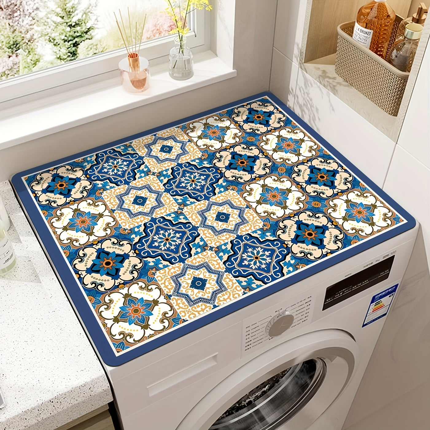 TEMU Retro Floral Washing Machine Cover - Waterproof Appliance Lid, Extra Large 23.62x19.69 Inch Washer Protector, Non-slip Back, For Front Load