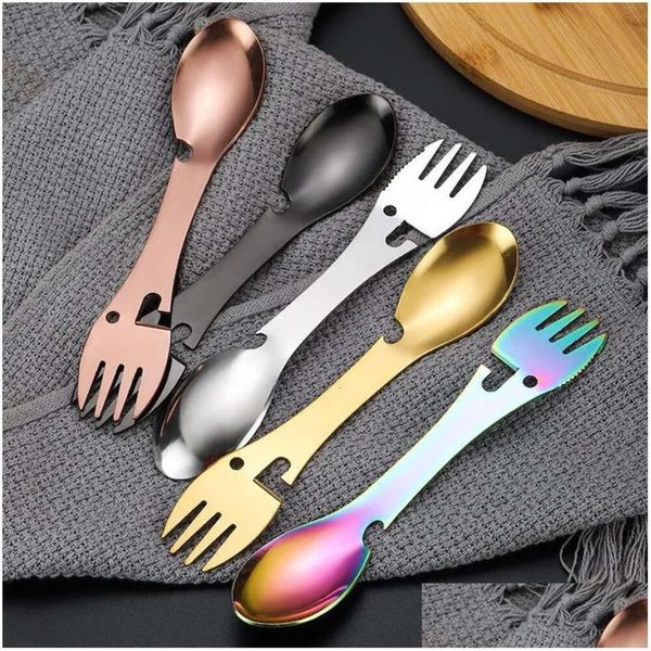 Flatware Tool Forks Mti Portable Can Opener Camp Spork Cutlery Utensil Bottle Picnic Stainless Steel Tableware Fork Spoon Lx4980 Dro Dhyoz