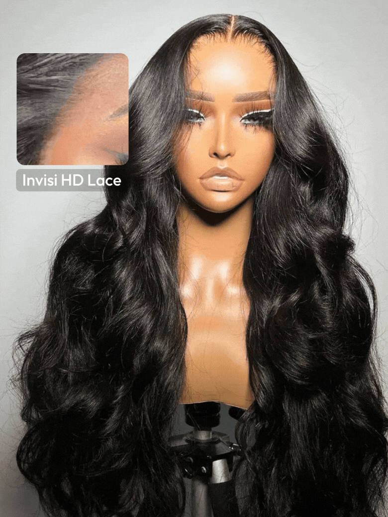 UNice HD Real Scalpâ¢ Wig 13x4 Invisible Lace Frontal Body Wave Black Wig & Face Framing Curtain Bangs Wig With Invisi Drawstring