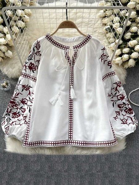 Women&#039;s Blouses Shirts Womens retro shirt ethnic style embroidered lace tassel V-neck lantern sleeves loose full match womens Blusa A02