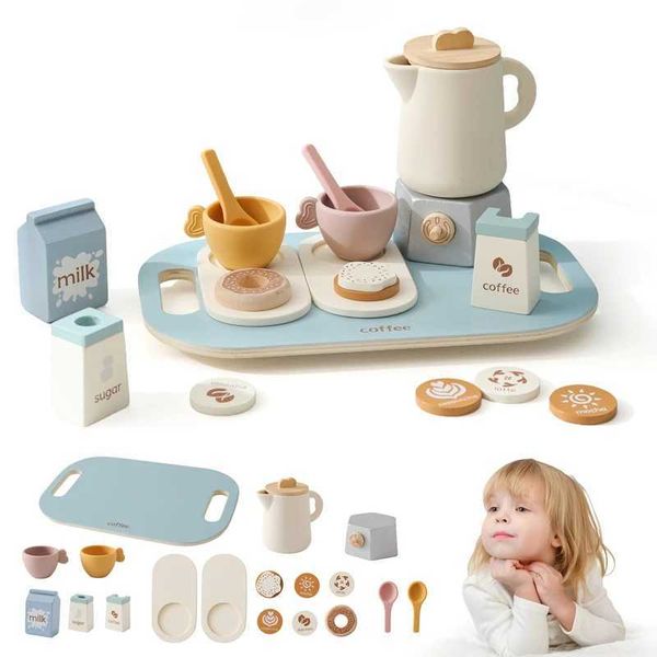 Wooden afternoon tea set toys pretend to play coffee learning role-playing games for girls and boys gifts for early childhood education toys
