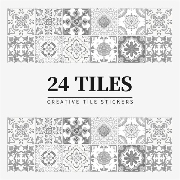 Wall Stickers 24PCS Wall Sticker Gray Moroccan Vintage Art Waterproof Vinyl Peel and Stick Tile Stickers Home Decor Kitchen Bathroom DIY Dec