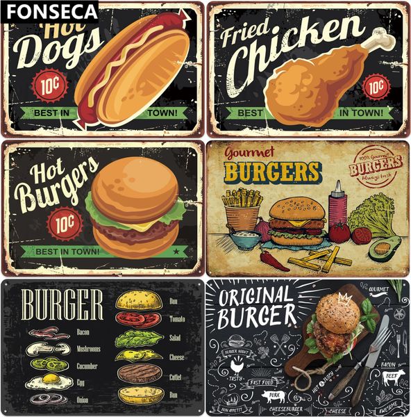 kitchen art painting Chicken Hamburger Hot Dogs Sign Plaque Metal Vintage Plates For Wall Art Home Shop Vintage Restaurant Decoration Size 3