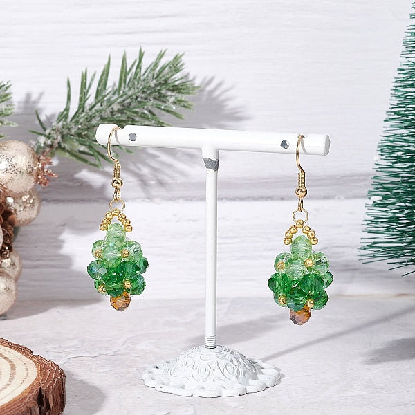 Boucles d'oreilles pendantes en forme de sapin de Noël avec perles de verre en acier inoxydable 304
