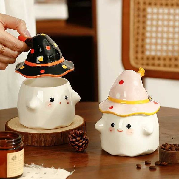 Interesting Ghost Ceramic Cup Coffee Cup with Lid Office Afternoon Tea Coffee Cup Halloween and Easter Gifts for Friends CL240905