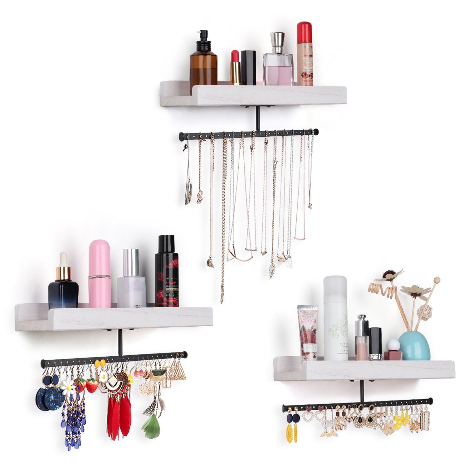 Rustic Wooden Set of 3 Jewelry Organizers - Wall-Mounted Necklace & Ring Holders