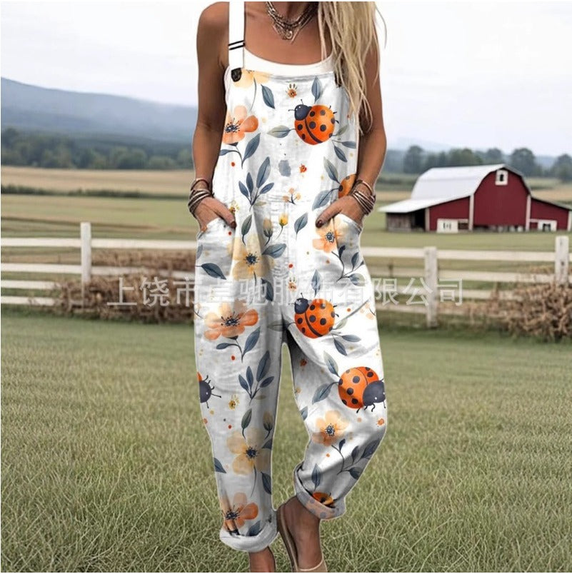 (597) European and American Summer Printed Button-up Suspenders Casual Pants