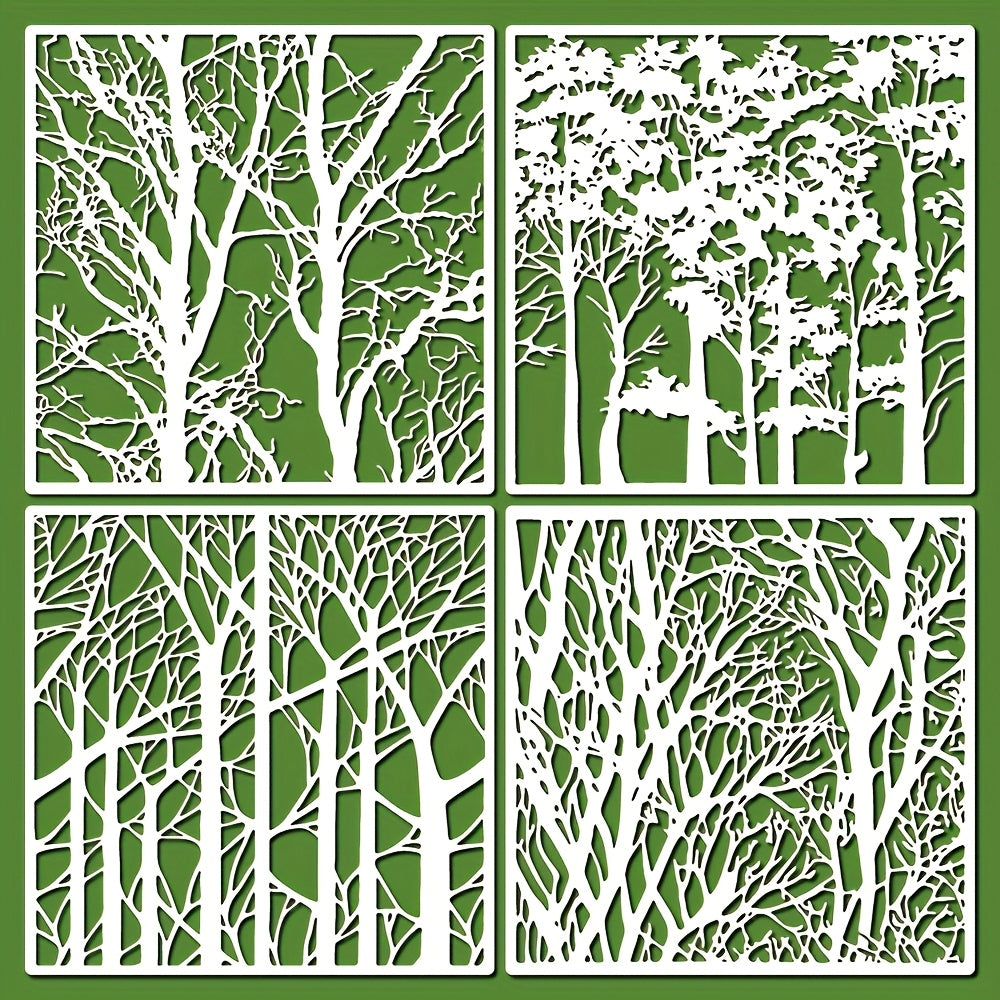 TEMU 4pcs Tree Branch And Trunk Plastic Stencils For Painting, 11.8-inch Reusable Wood Grain Templates – Diy Crafts On Wooden Canvas, Wall Art,